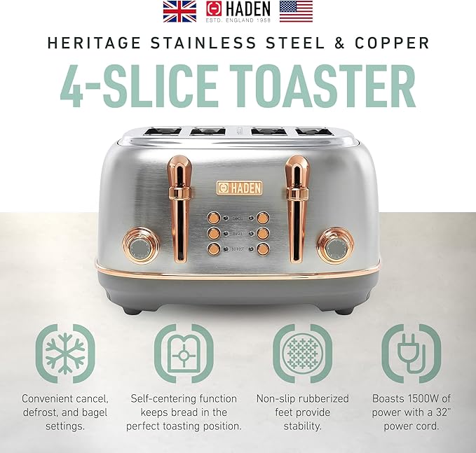 Haden Heritage 4 Slice Wide Slot Stainless Steel Toaster - Image 2