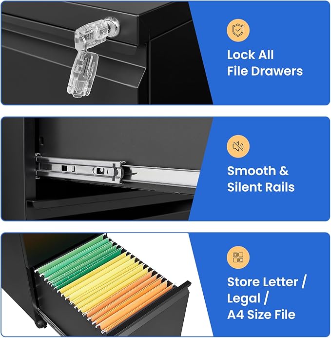 MIIIKO 2 Drawer File Cabinet on Wheels, Home Office Mobile File Drawers Under - Image 8
