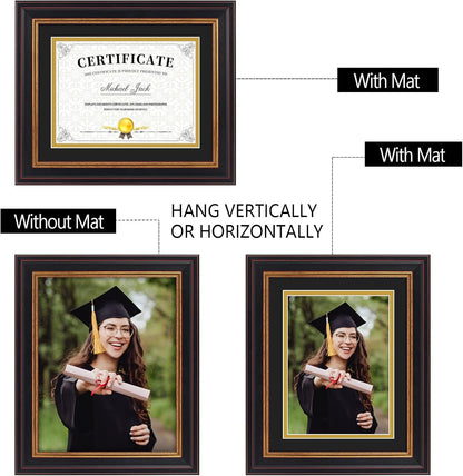 Frametory 6x8 Diploma Frame Black & Gold Mat/8x10 Without Mat Real Glass | Black Gold & Burgundy Color,Double Mat For 6x8, Pictures, Certificates ,Documents,Wall Display, Tabletop, Easel Stand