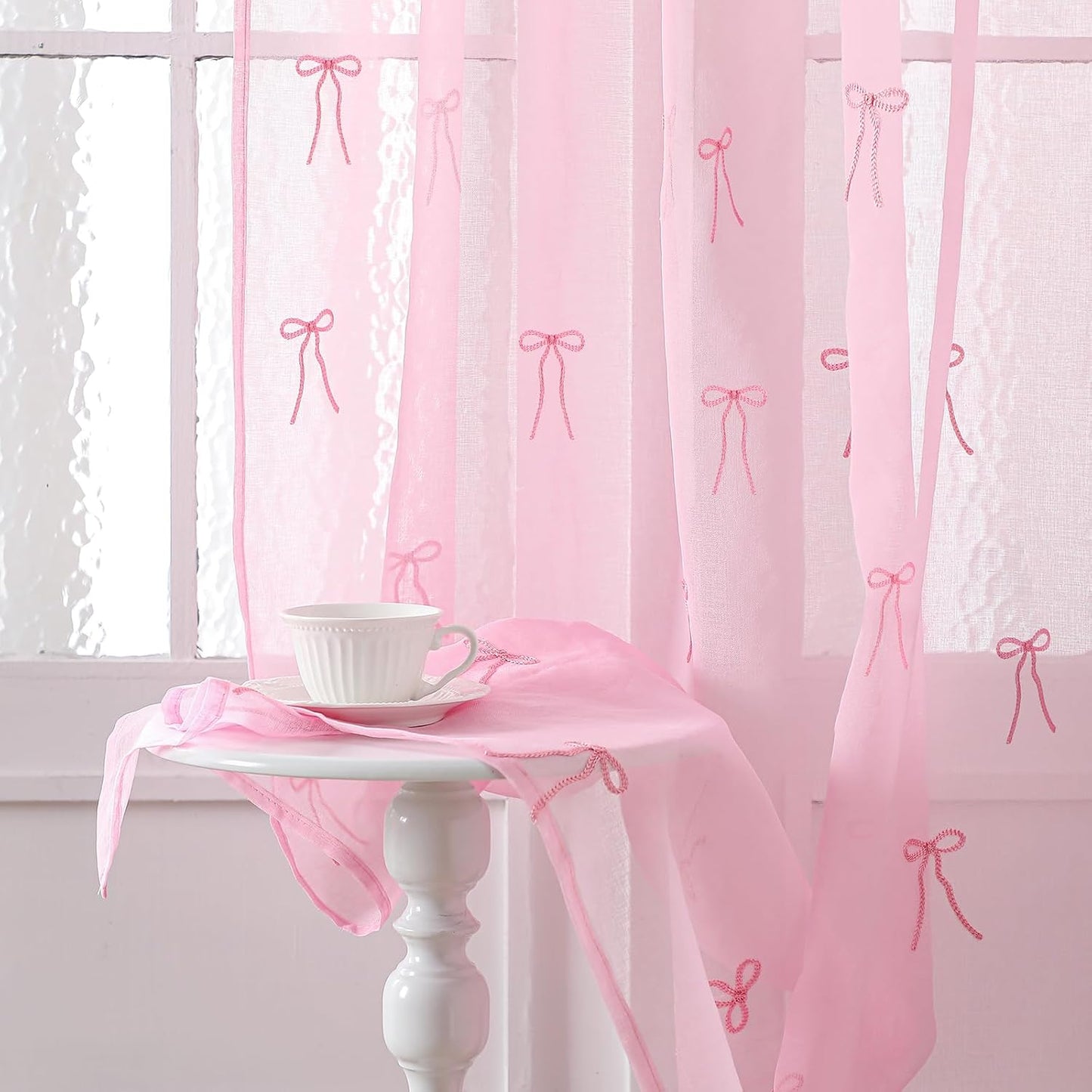 Tegeme 2 Panels Pink Bow Sheer Curtains for Bedroom 84 Inch | Embroidered Voile for Girls Room, Light Filtering Bedroom Decor, Sheer Panels for Kids Teens, Decorative Window Drapes