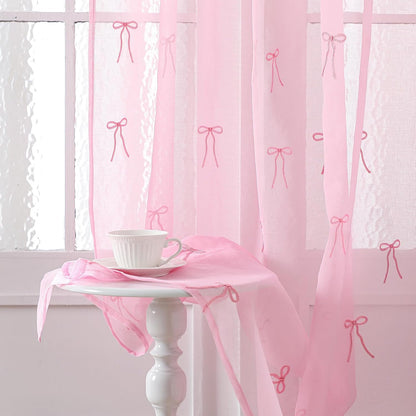 Tegeme 2 Panels Pink Bow Sheer Curtains for Bedroom 84 Inch | Embroidered Voile for Girls Room, Light Filtering Bedroom Decor, Sheer Panels for Kids Teens, Decorative Window Drapes