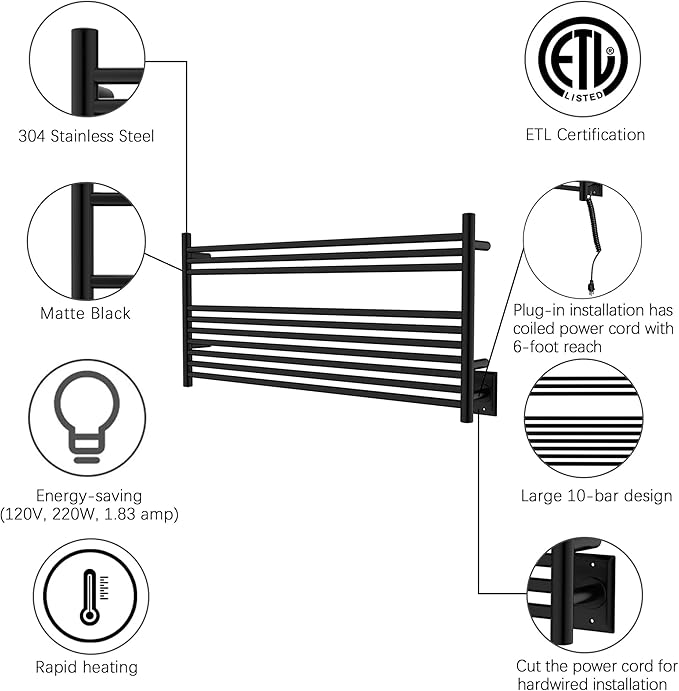 HEATGENE Towel Warmer 10 Bar Towel Dryer Wall-Mounted Plug-in Bath Towel Heater - Image 3