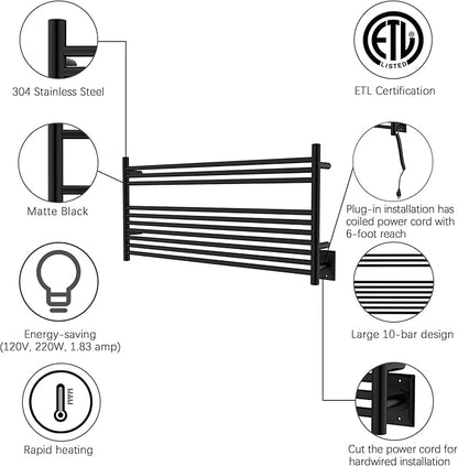 HEATGENE Towel Warmer 10 Bar Towel Dryer Wall-Mounted Plug-in Bath Towel Heater - Image 3