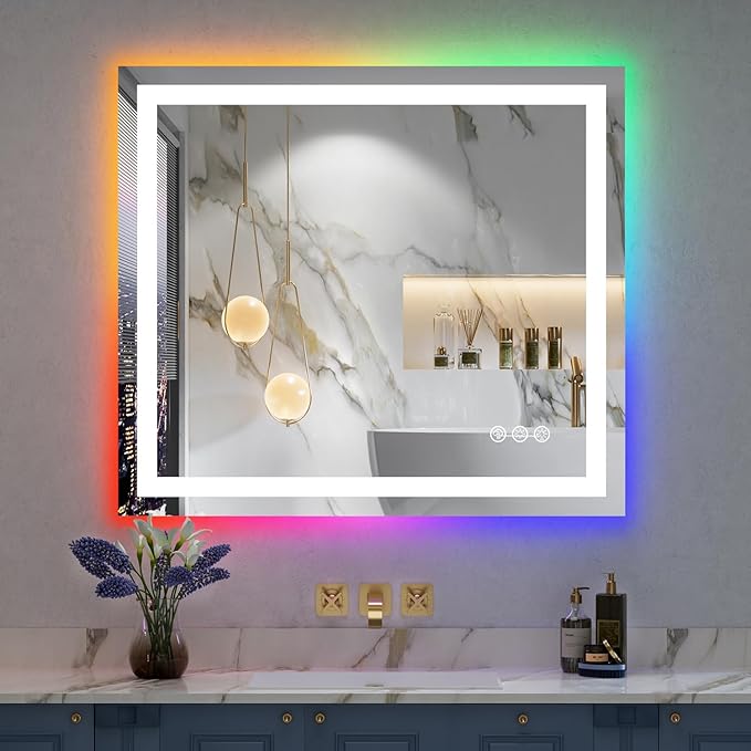 YEELAIT 32x36 Inch RGB LED Bathroom Mirror Front Light and RGB Backlit Lighted by YEELAIT