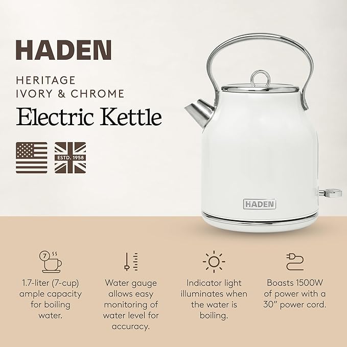 Haden Heritage 1.7 Liter Stainless Steel Electric Kettle, Hot Water Kettle - Image 2