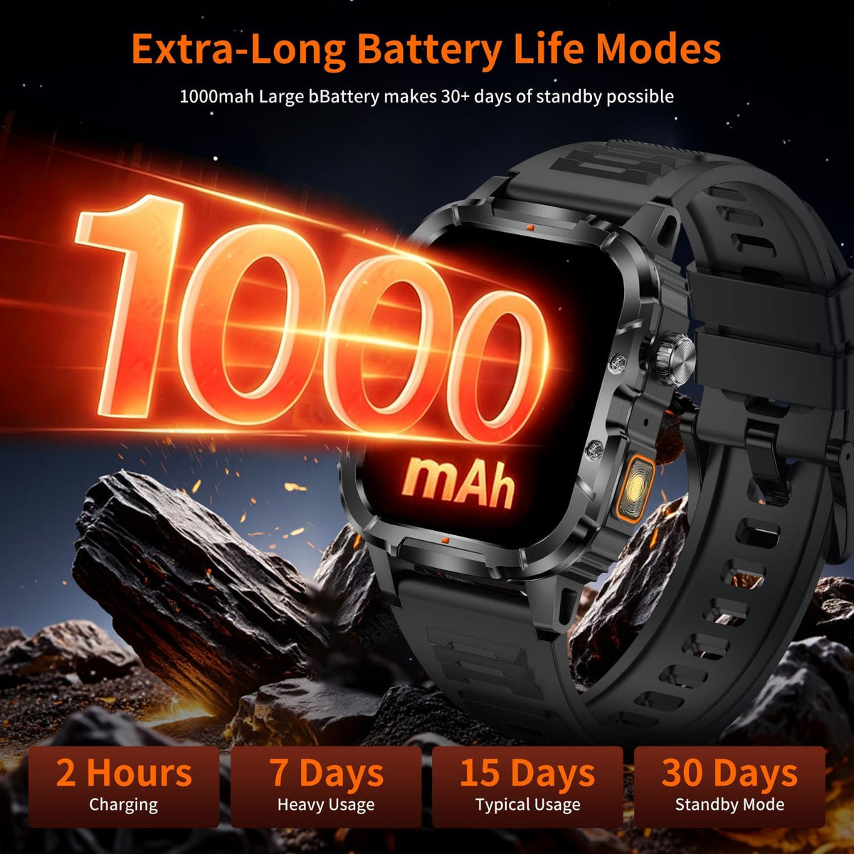 military smart watch for men, 30+ day battery, close-up detail