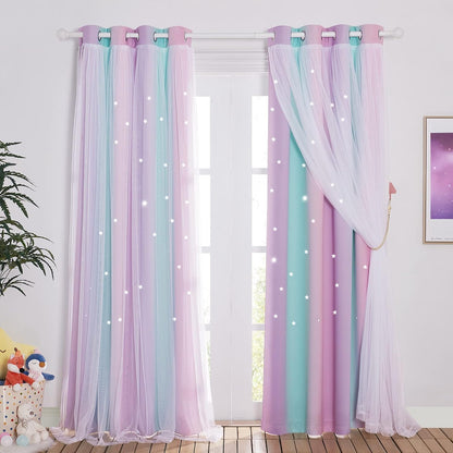 NICETOWN Baby Room Decor, White Gauze & Blackout Drapes Assembled, Star Cut Romantic and Colorful Curtains with Versatile Styling Options for Birthday Party (Blue & Purple & Pink, Each is W52 x L84)