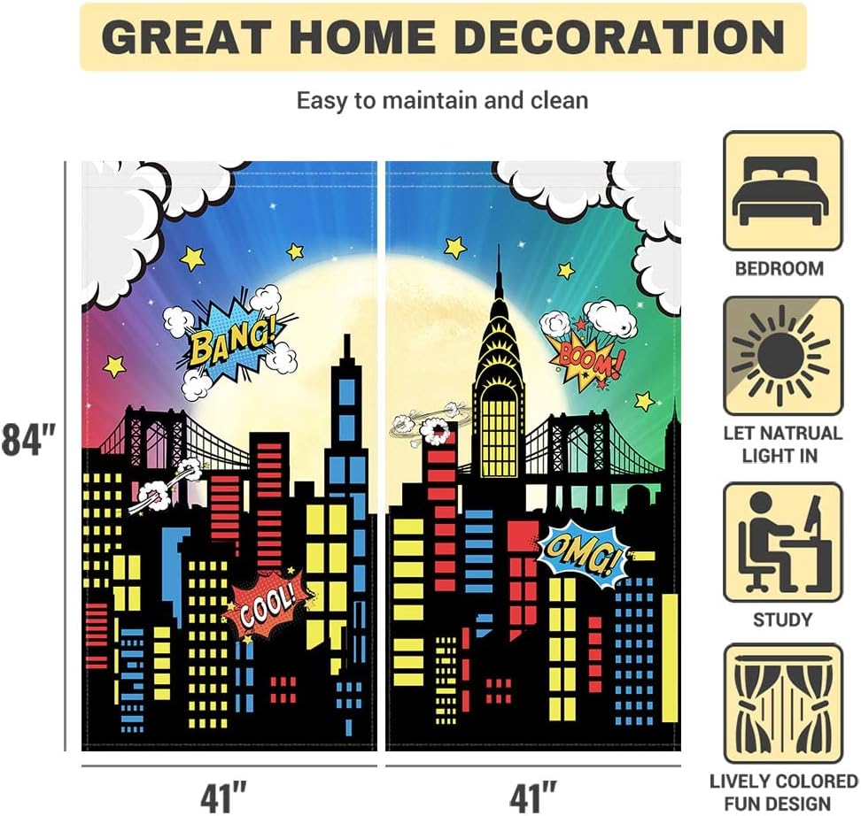 Allenjoy Superhero Super City Skyline Buildings Children Window Curtains for Kids Baby Room Bedroom Nursery Toddler Home Office Decor Decorations Durable Fabric Machine Washable 82 in x 84 in