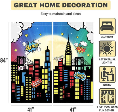 Allenjoy Superhero Super City Skyline Buildings Children Window Curtains for Kids Baby Room Bedroom Nursery Toddler Home Office Decor Decorations Durable Fabric Machine Washable 82 in x 84 in