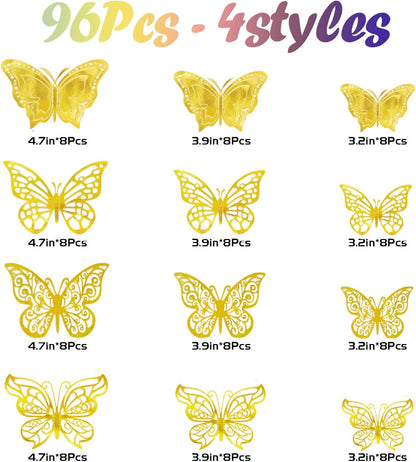 96 Pcs Butterfly Decorations，4 Styles,3 Sizes，3D Butterfly Wall Decor Party Decorations Butterflies for Crafts Birthday & Wedding Celebrations Cake Decorating Balloons Removable Stickers Gold