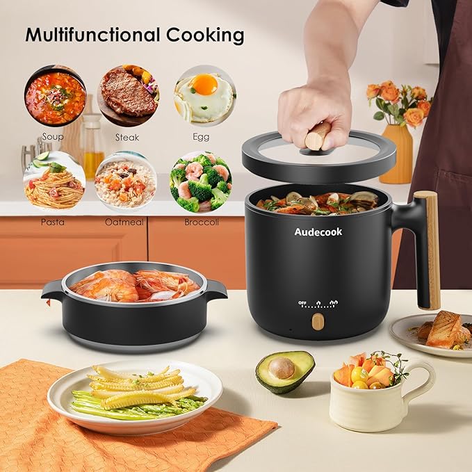 Audecook Hot Pot Electric with Steamer, 1.8L Portable Mini Travel Cooker - Image 2