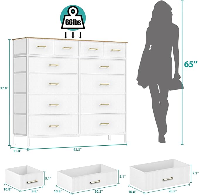 White Dresser for Bedroom with 12 Deep Drawers, Wide Chest of Drawers, Tall - Image 3