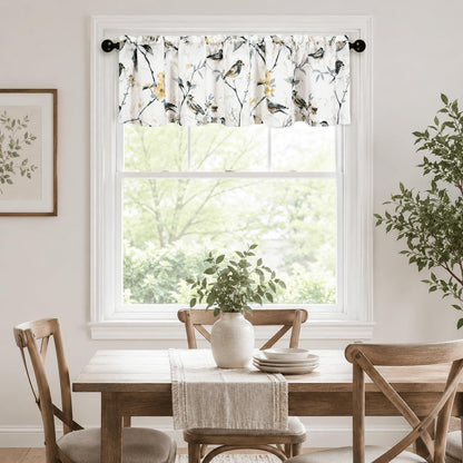 Faux Linen Curtains Valance for Farmhouse, 1 Panel Birds Print Country Style Window Topper for Living Dining Room, Top Rod Pocket, 42 x 12 Inches, Grey