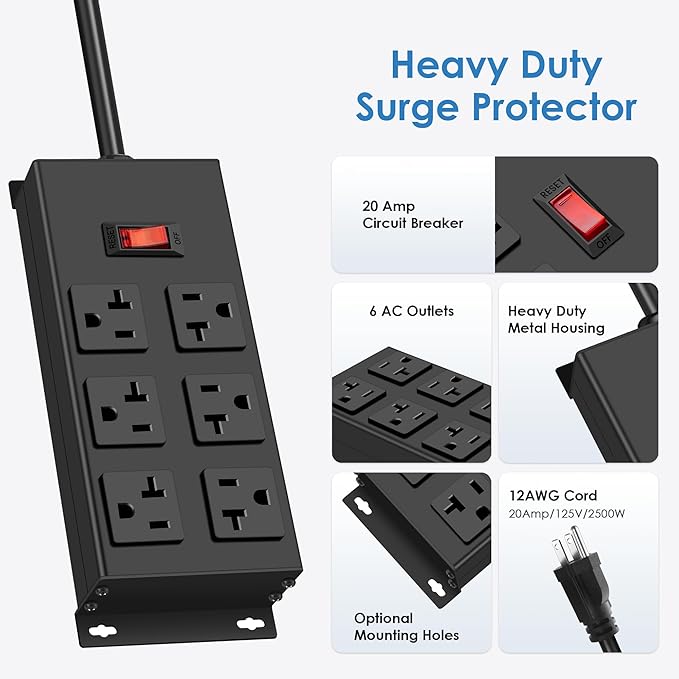 JUNNUJ Heavy Duty 20 Amp Power Strip, Garage 6 Outlets Metal 12 Gauge Surge - Image 2