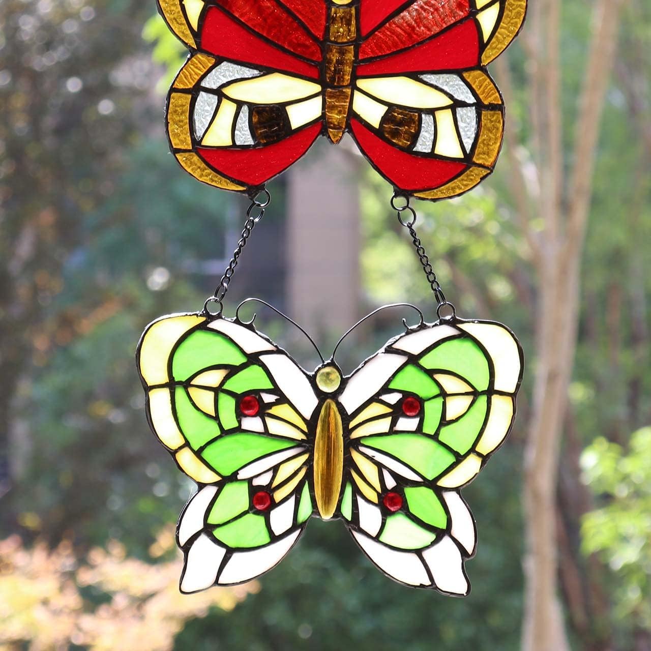 Bieye W10053 Butterfly Tiffany Style Stained Glass Window Panel with 3 Pieces Hanging Successively Within Chains, 12" W x 25" H