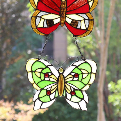 Bieye W10053 Butterfly Tiffany Style Stained Glass Window Panel with 3 Pieces Hanging Successively Within Chains, 12" W x 25" H