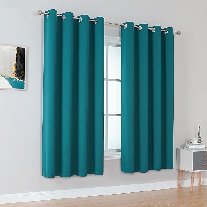 DUALIFE Teal Blackout Curtains Solid Color Eyelet Top Bedroom Curtains Thermal - Image 2