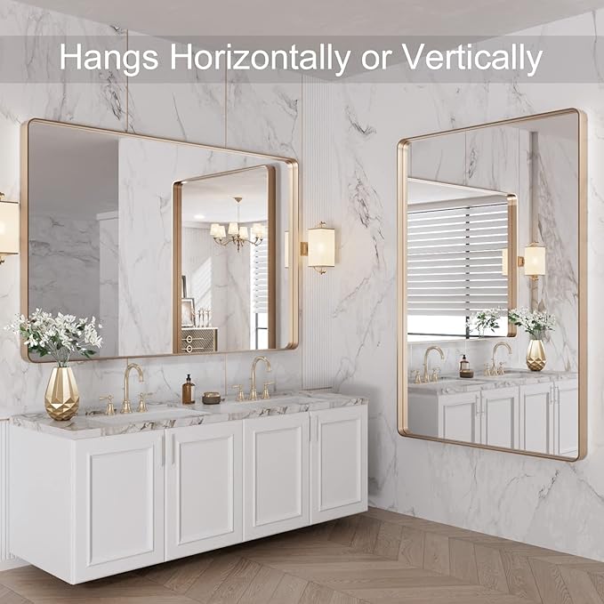 LOAAO 48”X32” Gold Bathroom Mirror, Rounded Rectangle Gold Frame Mirror - Image 8