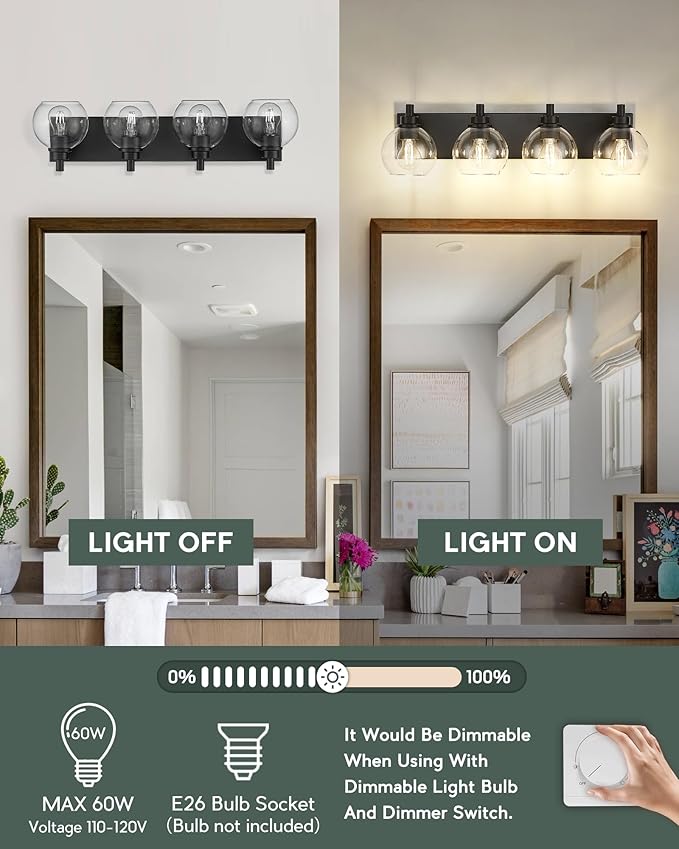 METWET Bathroom Light Fixtures, 4 Light Matte Black Vanity Light, 26 Inch - Image 4