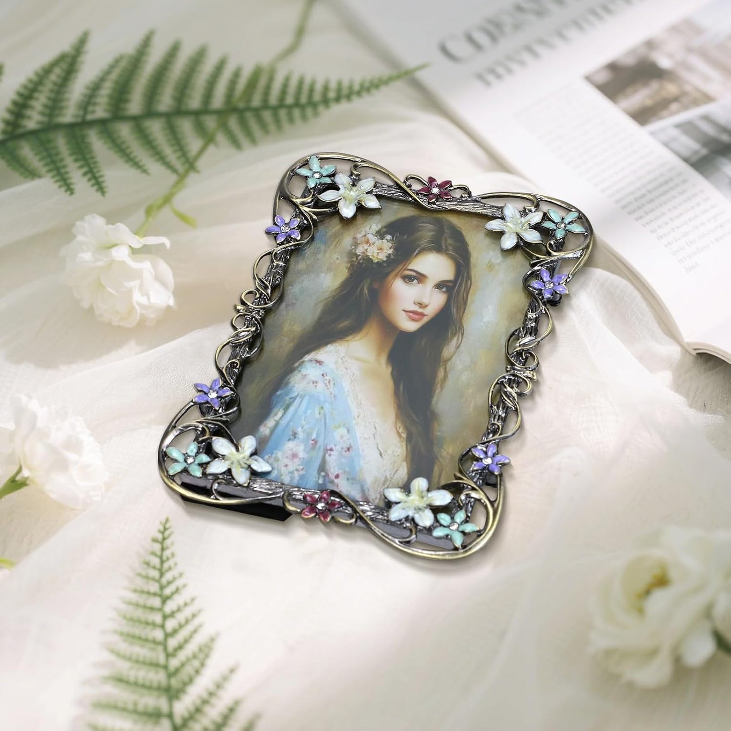 Vintage Photo Frame 4x6, Metal photo frame with European Floral Ornate Enamel Flower & Bronze Metal Design with HD Glass for Wedding Valentine's/Mother's Day Gifts