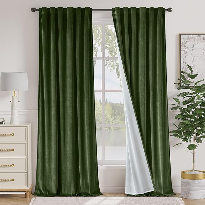 Lazzzy Velvet Green Extra Long Curtains 108 Inches Long Black Out Thermal by Lazzzy