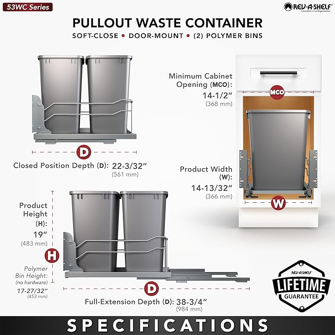 Rev-A-Shelf Double Pullout for Under Kitchen Cabinets 35 Quart 8.75 Gallon - Image 4
