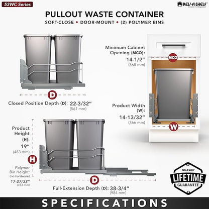 Rev-A-Shelf Double Pullout for Under Kitchen Cabinets 35 Quart 8.75 Gallon - Image 4