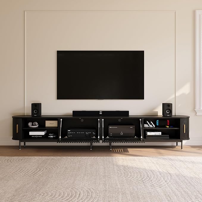 POVISON Sliding Tambour Door TV Stand, Mid Century Modern TV Console, Wood - Image 3