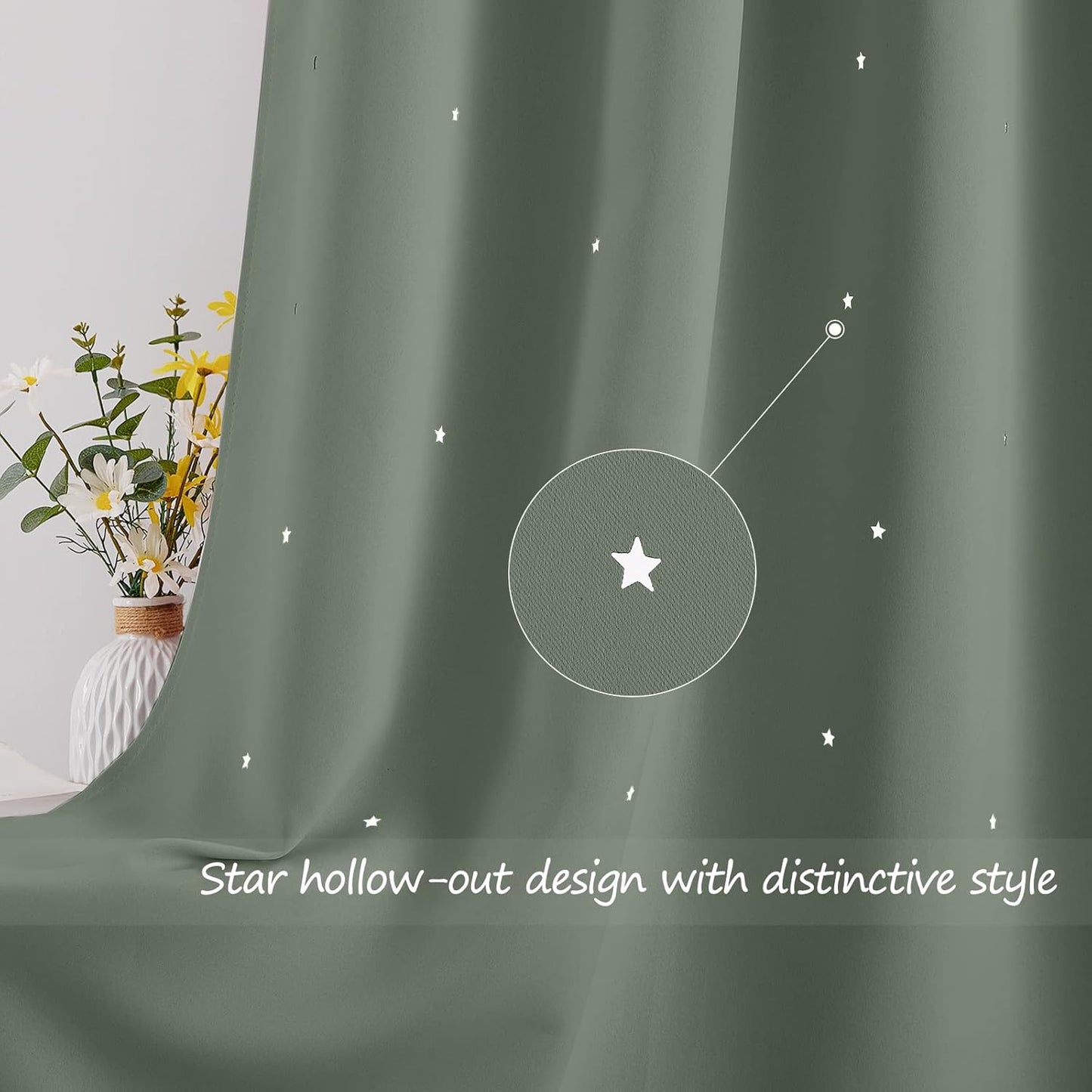 NICETOWN Sage Green Blackout Curtains with Star Hollow Out, 1 PC, W52 x L63 | Kids Cutout Galaxy Window Curtains & Drapes with Grommet for Baby Nursery Girls Bedroom