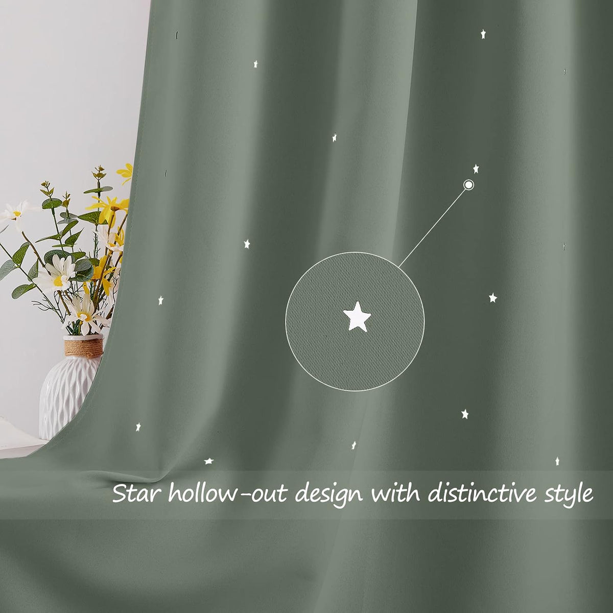 NICETOWN Sage Green Nursery Curtain with Cut Out Stars, W52 x L63, 2 Panels | 63 inches Long Thermal Insulated Star Cut Out Functional Drape Child Curtains for Nursery/Baby Bedroom