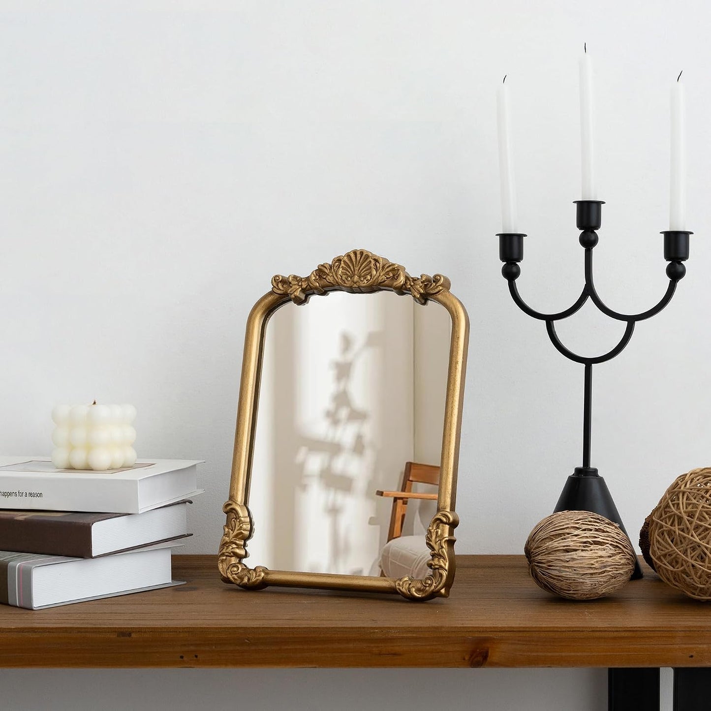 Vintage Small Vanity Gold 8x12 Antique Table Desk Mirror with Stand | Makeup Ornate Arched Decor Mirror, Small Brass Wedding Wood Mirror, For Tabletop Living Room Countertop Bedroom Bathroom