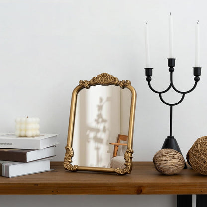 Vintage Small Vanity Gold 8x12 Antique Table Desk Mirror with Stand | Makeup Ornate Arched Decor Mirror, Small Brass Wedding Wood Mirror, For Tabletop Living Room Countertop Bedroom Bathroom