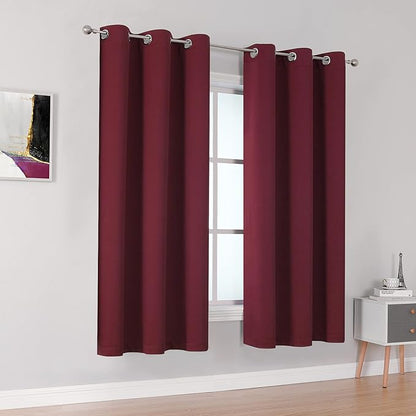 DUALIFE Burgundy Curtains for Kitchen Blackout Drapes 45 Inch Length Thermal - Image 2