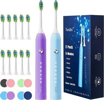 7AM2M Rechargeable Sonic Electric Toothbrush 2 Pack, Soft Toothbrushes by 7AM2M