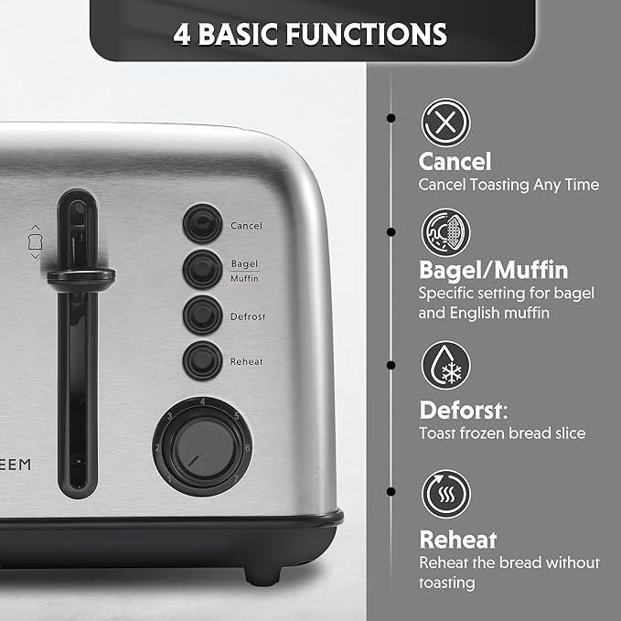 BUYDEEM DT640 Retro 4 Slice Toaster, 7 Shade Settings, Extra Wide 1.5'' Slots - Image 3