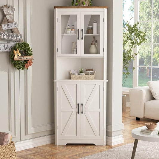 67''H Tall Corner Cabinet with 4 Tempered Glass Doors and Barn Doors, Farmhouse by FiveWillowise