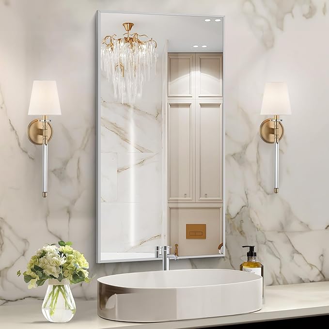 48x24In Silver Bathroom Mirror for Wall, Brushed Nickel Rectangle Mirrors - Image 2
