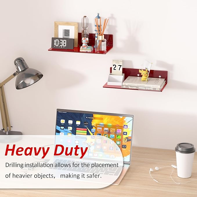 12 Inches Red Small Wall Shelves, Acrylic Bathroom Floating Shelves - Image 3