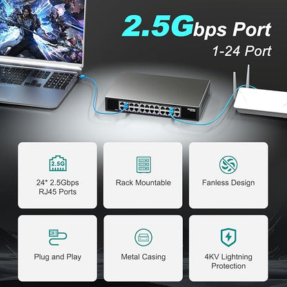 24 Port 2.5Gb Ethernet Switch Unmanaged, NICGIGA 24 Port 2.5G Network Switch - Image 3