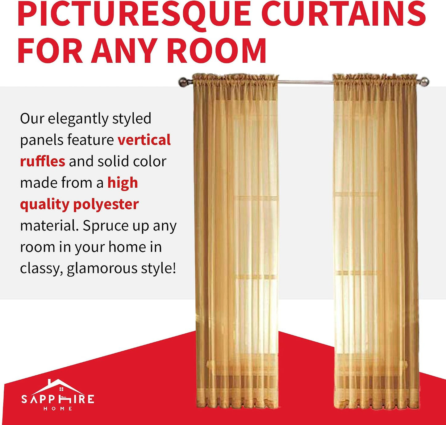 Sapphire Home Gold Sheer Curtains - 84 Inches Length, 2 Panels Set Sheer Drapes, Light Filtering Textured Window Curtain for Living Room, Bedroom, Kitchen, and Dining Room - 54"x84", Gold/Bronze