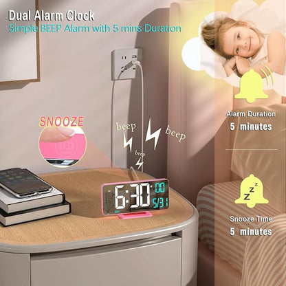 Pink Digital Clock for Bedroom 6.7in Dual Alarm Clock - Image 5