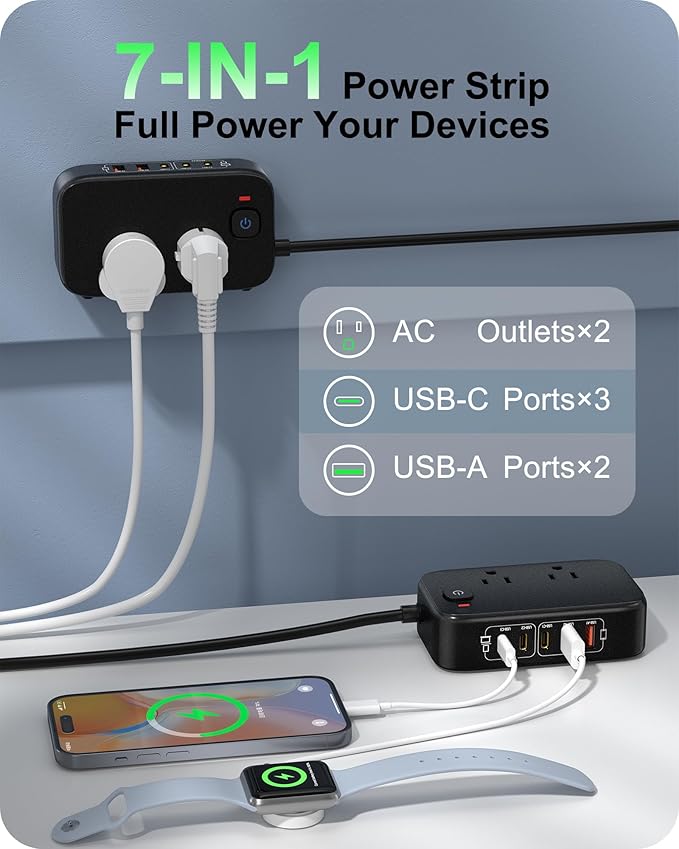 KWRNVO 7-in-1 Power Strip, PD GaN 65W USB C Power Strip - Image 2