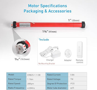 Rollerhouse Rechargeable Wireless Tubular Roller Shade Motor Kit, - Image 3