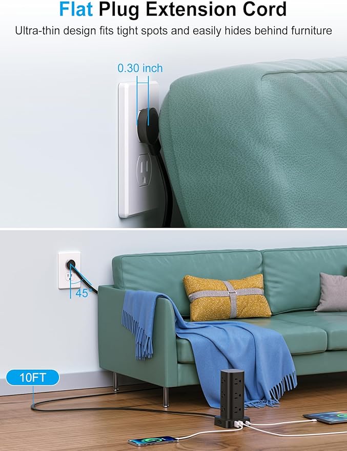 Power Strip Tower with Wireless Charger, Flat Plug Surge Protector Tower with - Image 3