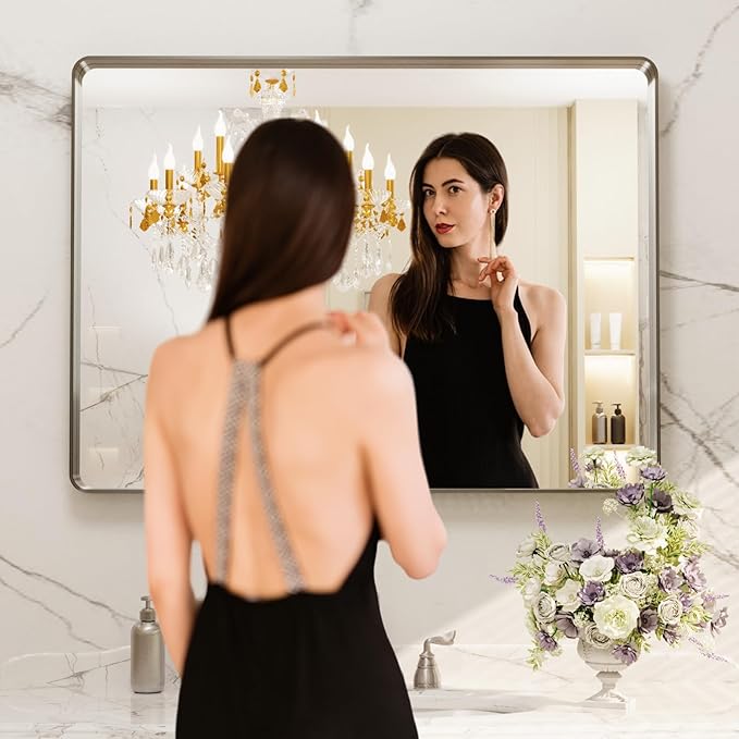 LOAAO 40X30 Inch Brushed Nickel Bathroom Mirror, Rounded Rectangle Silver Metal - Image 2