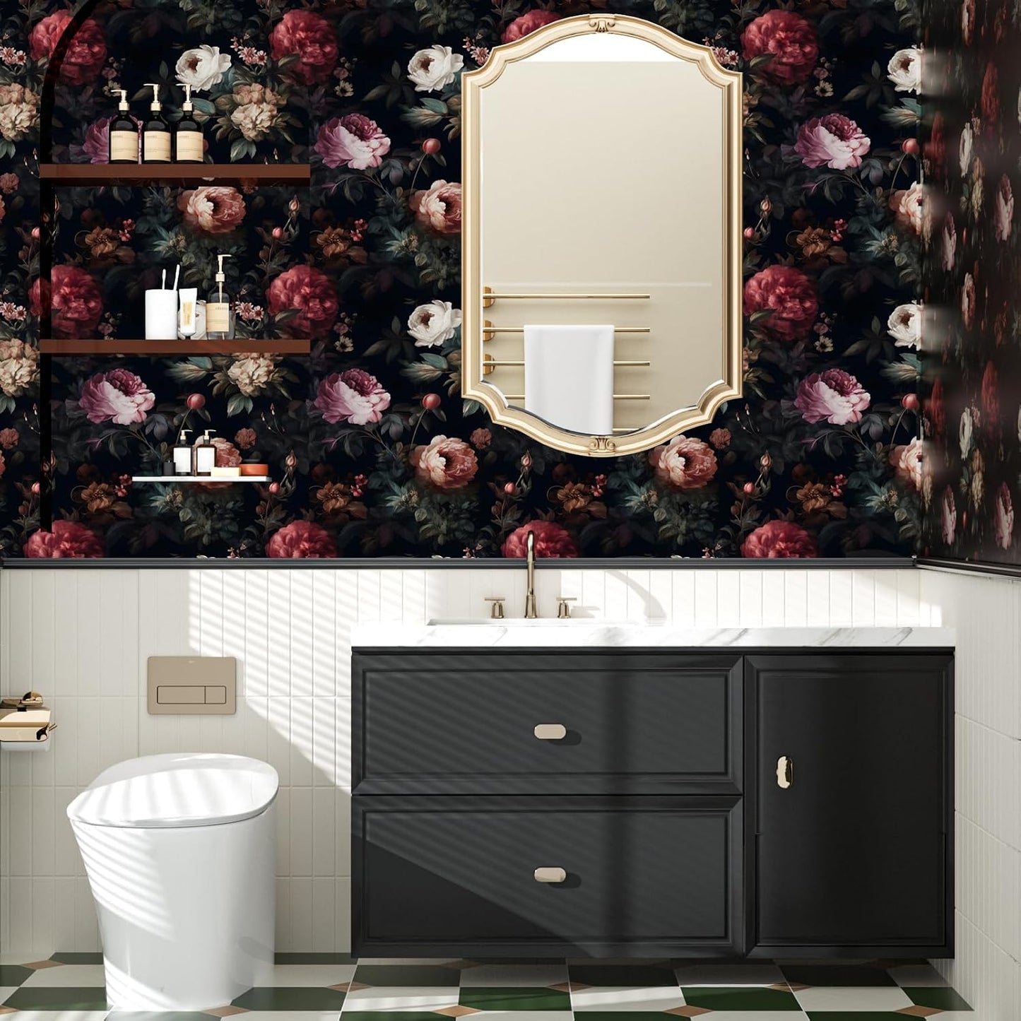 Black Vintage Floral Peel and Stick Wallpaper 17.5" x 118" | Waterproof Vinyl Self Adhesive Removable Renter Friendly Floral Contact Paper