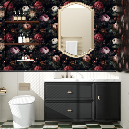 Black Vintage Floral Peel and Stick Wallpaper 17.5" x 118" | Waterproof Vinyl Self Adhesive Removable Renter Friendly Floral Contact Paper