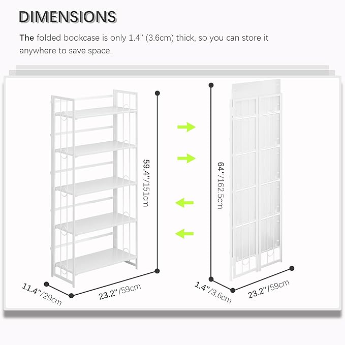4NM No Assembly 5 Tiers Folding Bookshelf, 59.4" H Foldable Storage Shelves - Image 3