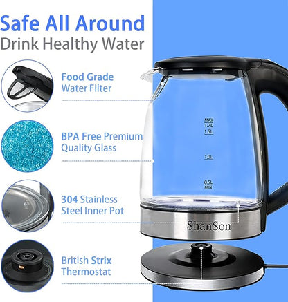 ShanSon 1.7L Electric Glass Kettle 1500W Temperature Control Fast Water Boiler - Image 3