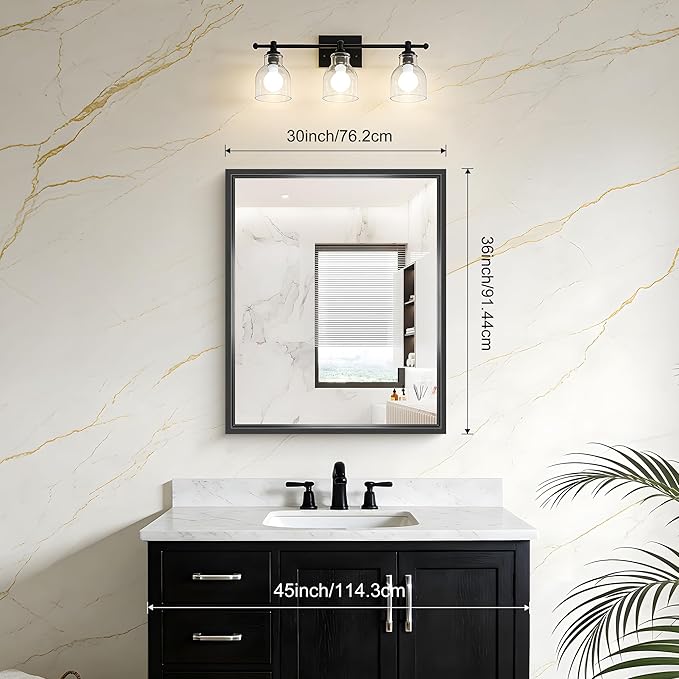 Black Bathroom Mirror, 36 x 30 Inch Brushed Black Rectangle Mirrors - Image 8